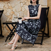 Womens Sleeveless Silk Midi Dress Abstract Floral Print Long Silk Dress